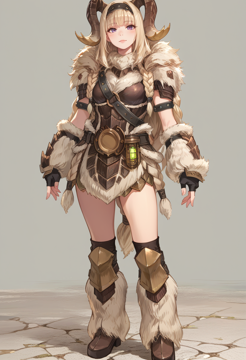 (score_9:0.9),score_8_up,score_7_up,rating_safe,anime style,(zPDXL),<lora:Banbaro beta armor ponyXL v1.2:0.77>,banbaro beta armor,1girl,solo,horn hairband,blonde hair,white fingerless gloves,long hair,white knee boots,standing,full body,