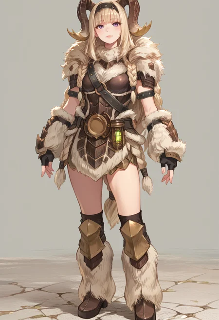 (score_9:0.9),score_8_up,score_7_up,rating_safe,anime style,(zPDXL),<lora:Banbaro beta armor ponyXL v1.2:0.77>,banbaro beta armor,1girl,solo,horn hairband,blonde hair,white fingerless gloves,long hair,white knee boots,standing,full body,