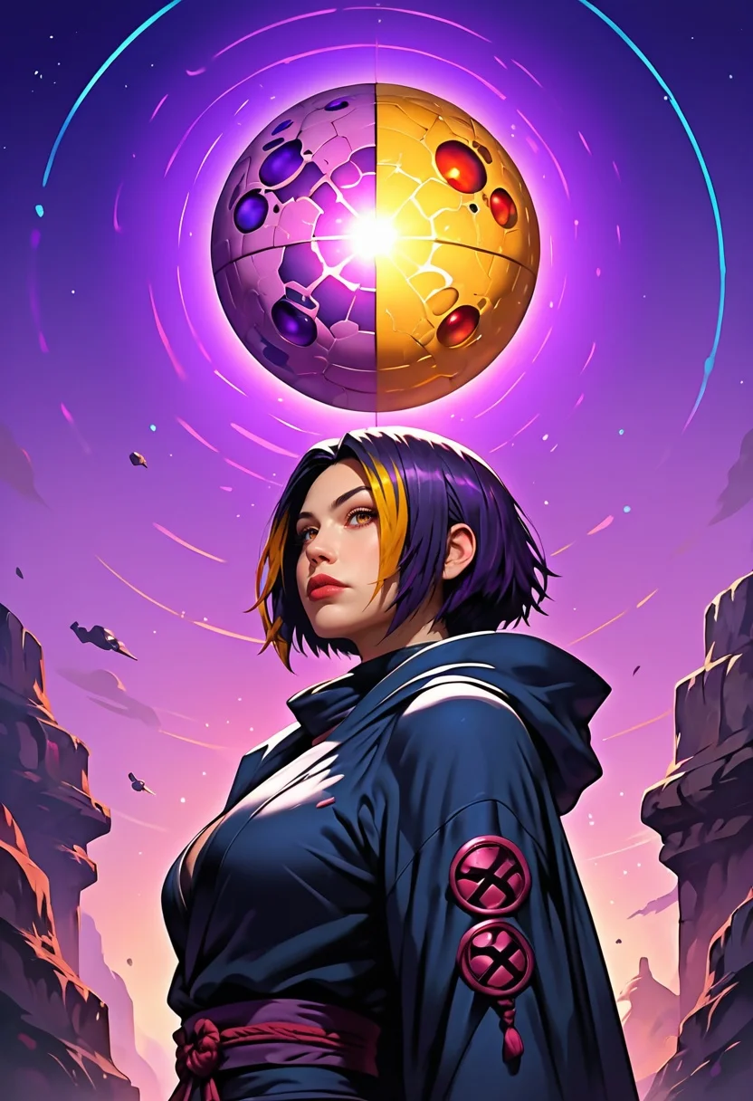 <lora:g0th1cPXL:0.5>g0th1c<lora:TradingCardsPonyXL:0.65>dsktrdcardxl,score_9, score_8_up, score_7_up, score_6_up, solo, source_comic, comic book art, fantasy art, Lenticular, dark and dim, Low Angle, (side view perspective), a woman, (ninja:1.1) woman, with purple ,neon hair, deep teal ,metal eyes, detailed eyes, with a high collar cyber (Samurai:1.1) jacket, Large linen cape ,super detailed, background is amber , surrounded by a detailed spacescape with translucent dark-amber Highlights, stunning lighting, detailed, highly vibrant, detailed, masterpiece, highly detailed, high quality, score_5_up, score_4_up,