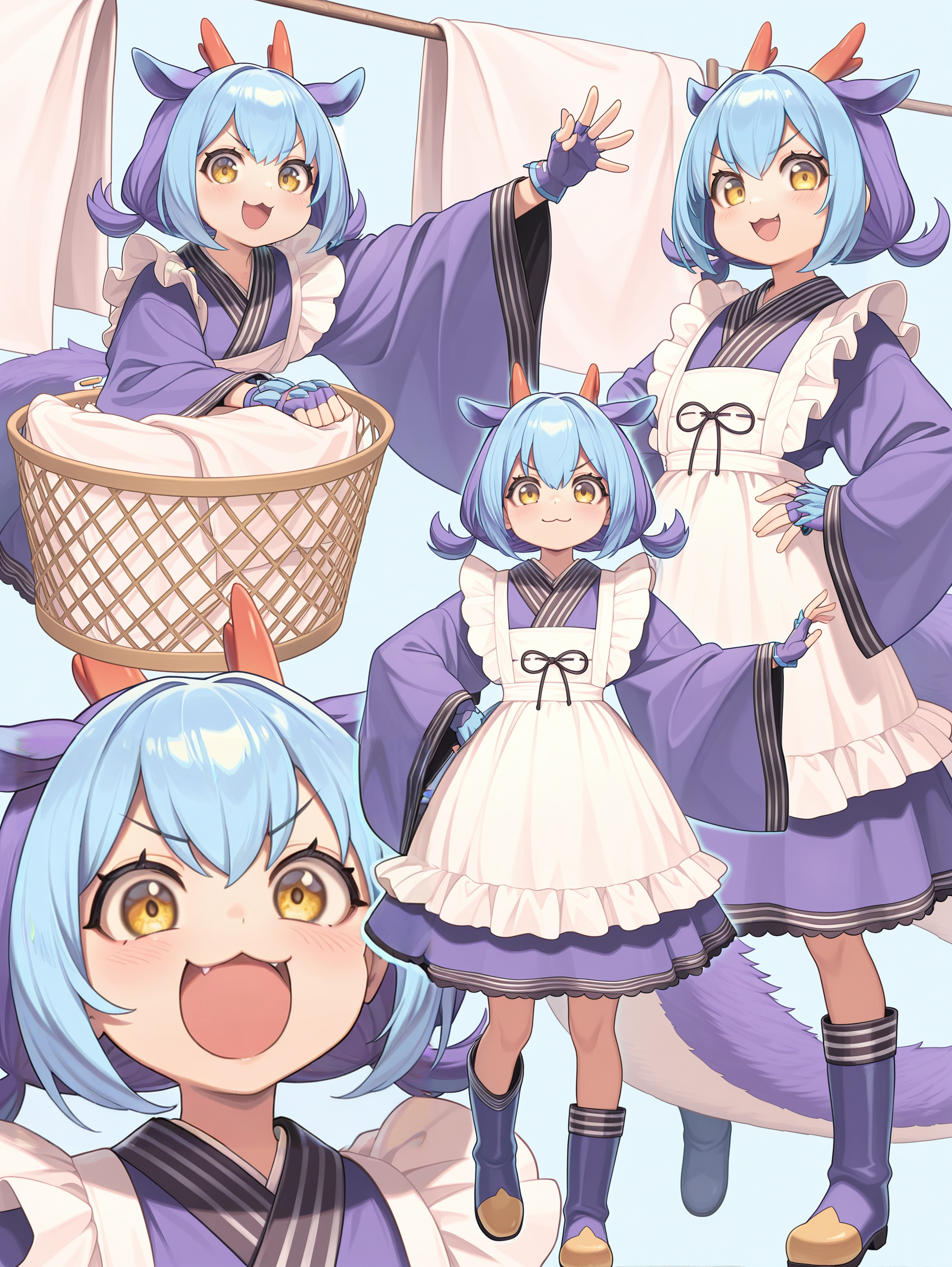 dragon girl,laundry dragonmaid,1girl,open mouth,looking at viewer,smile,:3,blue maid outfit,blue fingerless gloves,blue knee boots,multiple views,blue background,v-shaped eyebrows,laundry basket,multiple girls, clothesline,
masterpiece,best quality,amazing quality,very aesthetic,apussbsurdres,newest,<lora:laundry dragonmaid & eldlich the golden lord illuXL v1:0.75>,