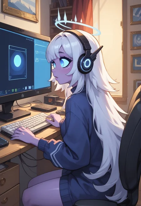 Expressiveh, score_9, score_8_up, score_7_up, 1girl,
BREAK
xemilyx, long hair, white hair, bangs, blue eyes, halo, (((colored skin))), no pupils,
BREAK
c0mp, sitting, indoors, chair, computer, monitor, headphones, desk, shot from side, keyboard, computer, (extremely detailed eyes and face)
BREAK
Expressiveh