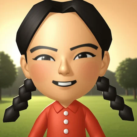 score_9, score_8, BREAK, solo, wii, mii, wii sports, 1girl, female mii, black eyes, black hair, twin braids, black eyebrows, blush, buck tooth, red clothing, black pants, shoes, nintendo mii, modern_mii, classic_mii, breasts, xiao-tong_(wii_sports), cute, sexy pose, smile, outdoors, sunlight, shadows, evening lighting, natural lighting, forest, trees, grass, orange sky, sunset