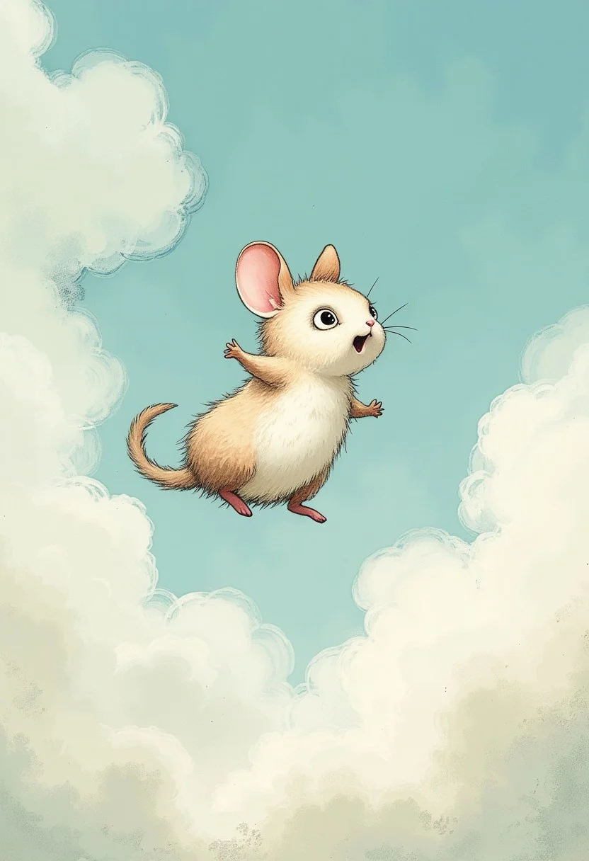 a chinchilla jumps in the clouds in the style of Shaun Tan