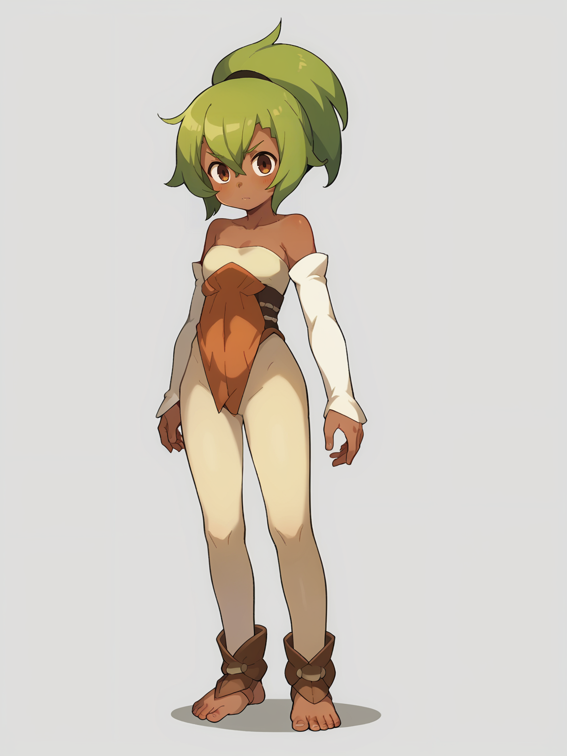 score_9, score_8_up, score_7_up, score_6_up, score_5_up, score_4_up, BREAK, source_cartoon, source_anime,
1girl,  amaliaold, green hair, ponytail, hair between eyes, bare shoulders, dark skin, detached sleeves, strapless, toes, white pantyhose,
solo, full body, standing, looking at viewer, simple background    <lora:AmaliaXL:1>
