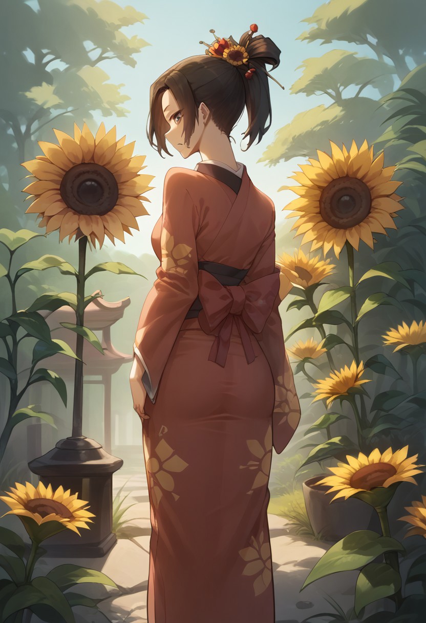 score_9, score_8_up, score_7_up,rating_explicit,1girl,solo, fuu, tight kimono,  hair ornament, hair stick, ponytail, outdoors, looking back, slim, skinny, slim hips, from behind, sunflower