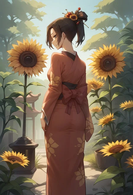 score_9, score_8_up, score_7_up,rating_explicit,1girl,solo, fuu, tight kimono, hair ornament, hair stick, ponytail, outdoors, looking back, slim, skinny, slim hips, from behind, sunflower