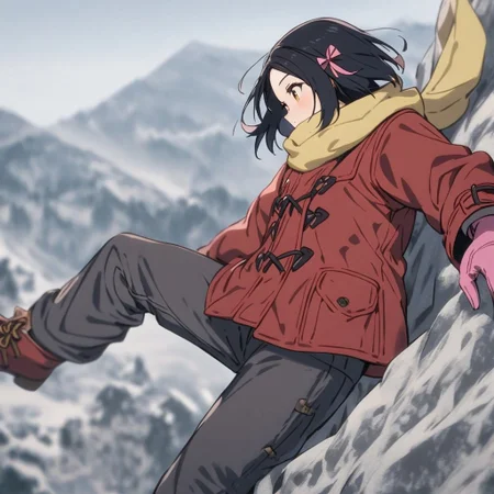 Climbing a mountain,solo, 1girl, short hair, black hair, yellow scarf, red duffle coat, yellow scarf, pink gloves, pink hair ribbon