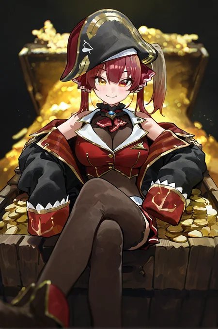 modare, hololive, houshou marine, houshou marine \(1st costume\), 1girl, breasts, cleavage, coin, crossed legs, gold, hat, heterochromia, large breasts, leggings, long hair, long sleeves, looking at viewer, lying, off shoulder, on gold, pile of money, pirate, pirate hat, red eyes, red hair, see-through cleavage, see-through clothes, sleeves past wrists, smile, solo, treasure, treasure chest, twintails, virtual youtuber, yellow eyes <lora:Artist_style_Modare__Mogoon_ã¢èª°_-_Illustrious-XL:0.7>