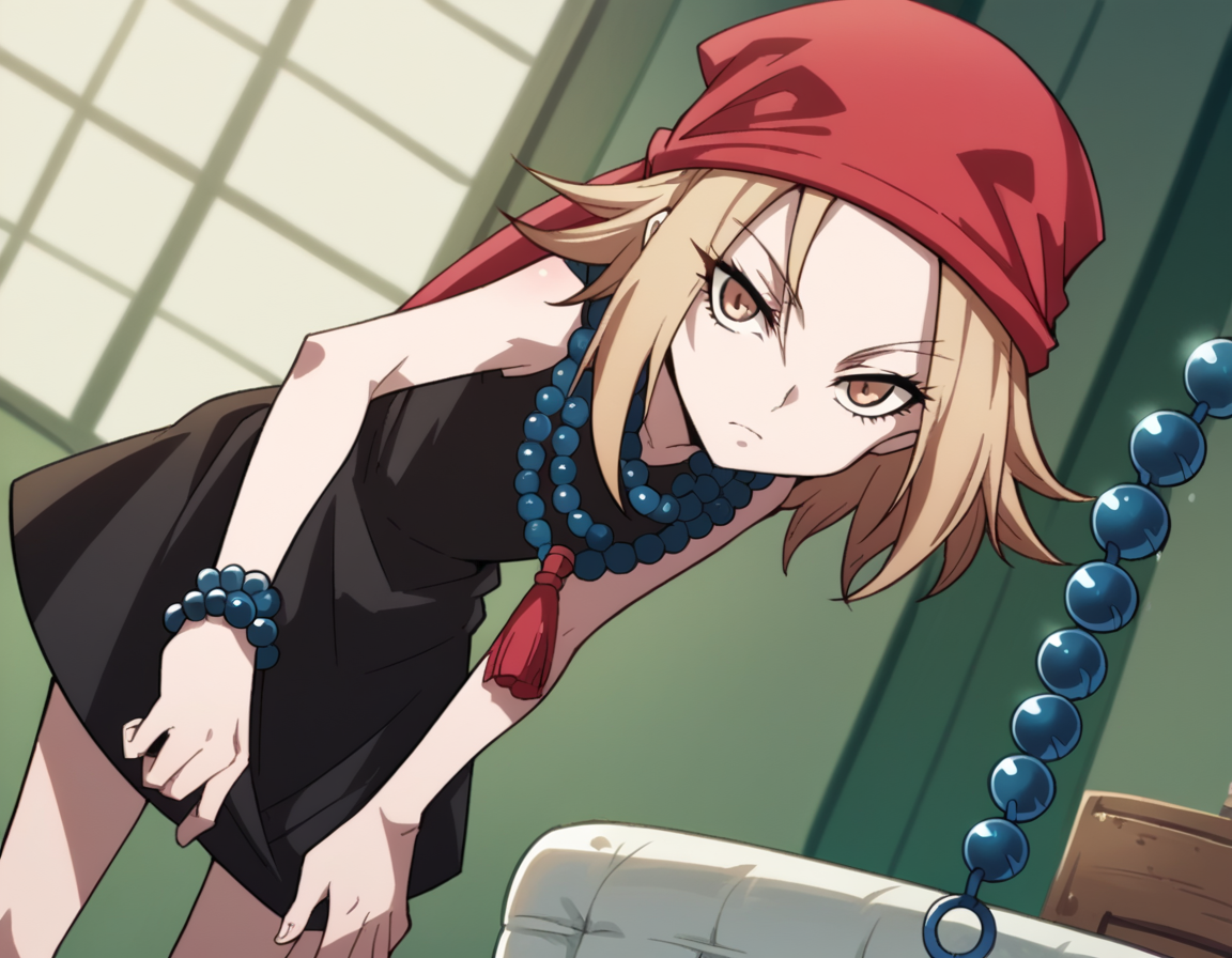 score_9, score_8_up, score_7_up, source_anime,
annakyouyama, <lora:anna-kyouyama-2021-s1-ponyxl-lora-nochekaiser:1>,
anna kyouyama, blonde hair, short hair, brown eyes,
bandana, beads, black dress, dress, prayer beads,
indoors, bent over,
looking at viewer, cowboy shot, solo, dutch angle