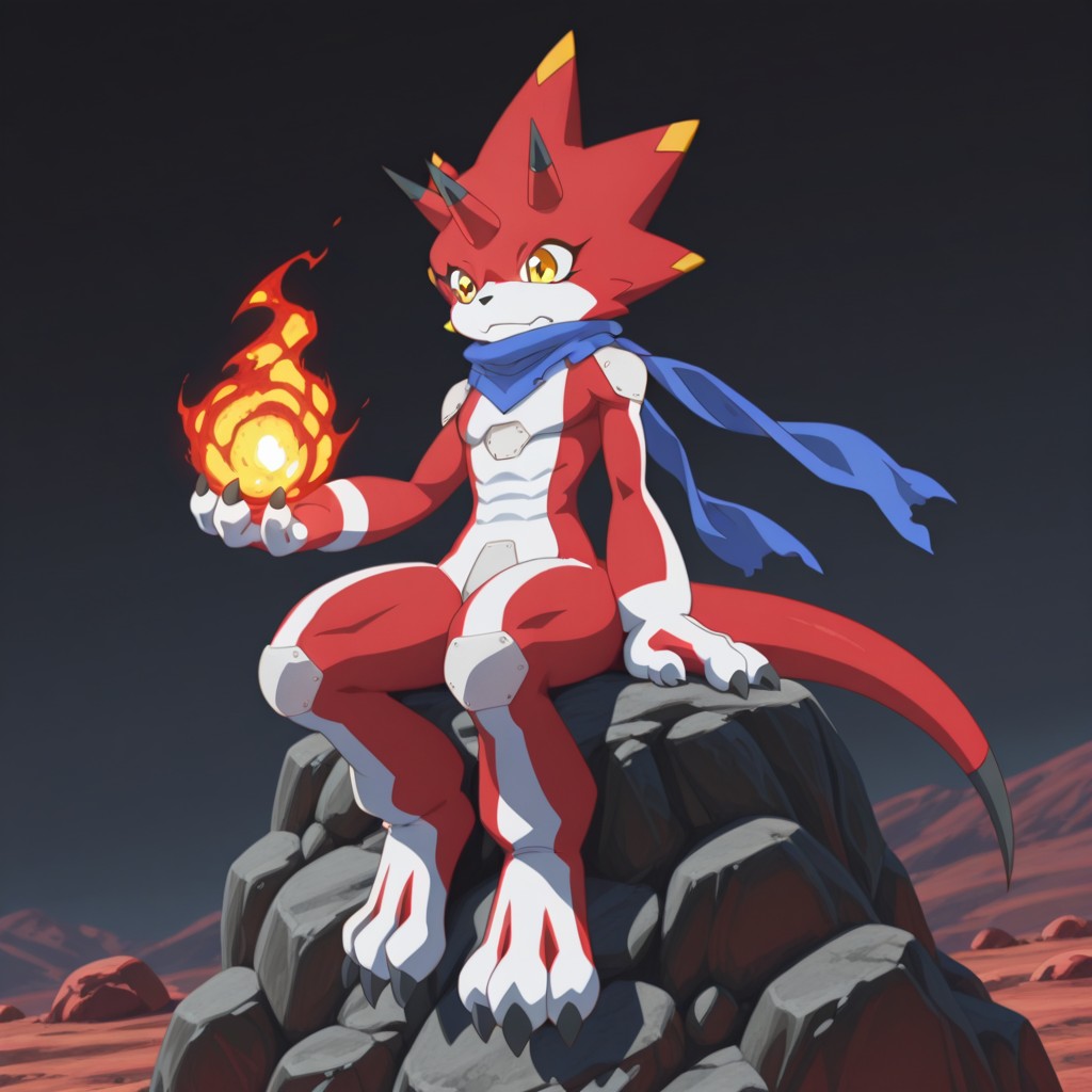 masterpiece, best quality, amazing quality, BetelGil, anthro, BetelGammamon, ceratopsian , red skin, yellow eyes, blue scarf, horns, nose horn, tail,  holding fireball, outside, sitting, on a rock, solo, full body, <lora:3cc7d2e1-86b3-45cd-aab2-8d0377567d55:1.0>