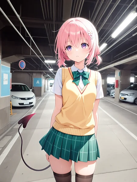 masterpiece,best quality,newest,
1girl,solo,
<lora:mpl_ilxl_v1.1:1>,car,ground vehicle,road sign,high ceiling,
<lora:Fixhands_anime_bdsqlsz_V1:1>,panorama,from_side,<lora:momo_ilxl_v1.8:1>,momo,pink hair,low twintails,purple eyes,h_o,hair ornaments,m_clothes,short sleeve blouse,yellow vest,green bowtie,green plaid skirt,demon tail,black_thighhighs,cowboy_shot,looking ahead,expressionless,standing,parted lips,