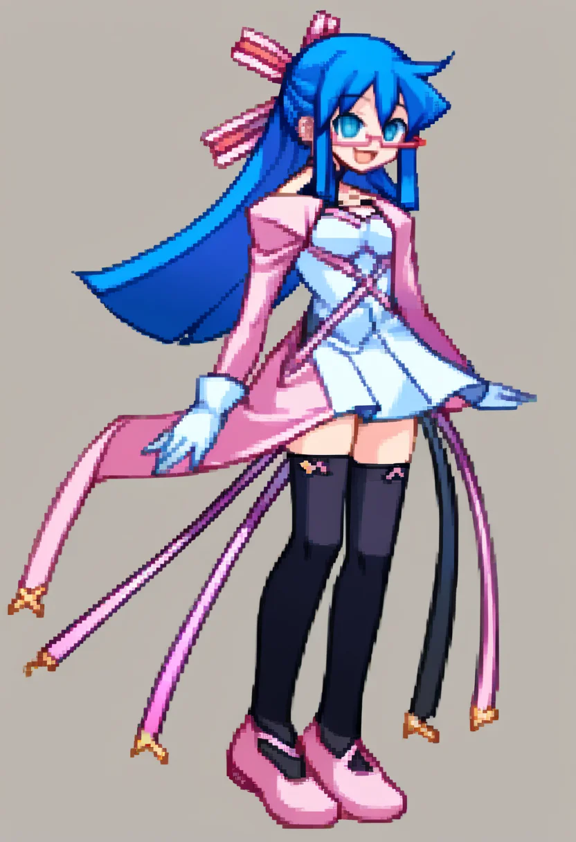 score_9, score_8_up, score_7_up, source_anime, BREAK, solo, 1girl, smile, looking at viewer, <lora:Arcana-Heart-Sprites-pdxl_Fp:1>, simple background, full body, standing, <lora:Midori-pdxl_Fp:1>, midoridesu, blue eyes, blue hair, long hair, glasses, hair ribbon, pink dress, thighhighs, long sleeves, gloves, pink footwear, open mouth,