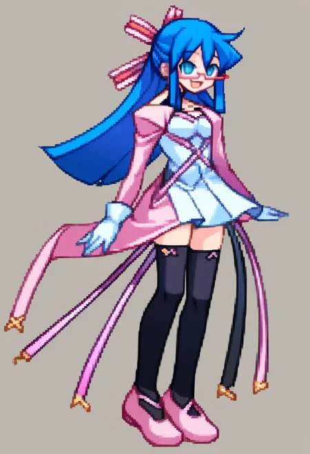 score_9, score_8_up, score_7_up, source_anime, BREAK, solo, 1girl, smile, looking at viewer, <lora:Arcana-Heart-Sprites-pdxl_Fp:1>, simple background, full body, standing, <lora:Midori-pdxl_Fp:1>, midoridesu, blue eyes, blue hair, long hair, glasses, hair ribbon, pink dress, thighhighs, long sleeves, gloves, pink footwear, open mouth,