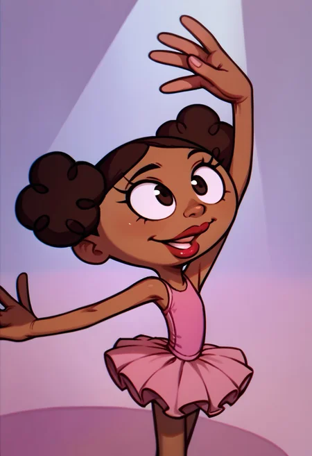 score_9, score_8_up, score_7_up BREAK MeeMeeDL, 1girl, dark brown hair, dark brown eyes, brown skin, curly pigtails, lipstick, pink tutu, dancing ballet,