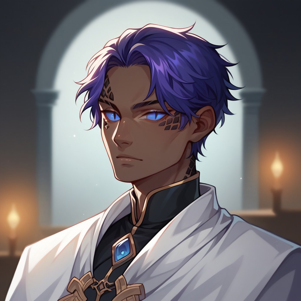 (((detailed, beautiful, high quality))), score_9, score_8_up, score_7_up, solo, upper body,
yuanti, slit pupils, pointed ears,
1boy, male focus, blue eyes, dark skin, black scales, violet blue hair, white cape, 
looking at viewer, posing,
fantasy background, blurred background,