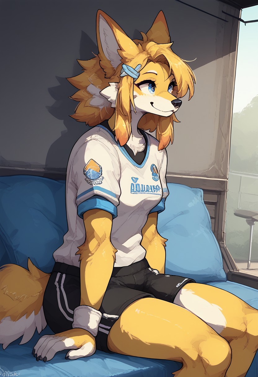 (easynegative:0.2 ) <lora:spotlight:1.2>  <lora:c0l0urc0r3XLP2:0.2> (original character), girl, , wolf, hubrid, feathers, tail, anthro, furry, solo, yellow body,  white fur, blue stripes, sports shirt, hair combed to one side, sports shorts, outside, sitting,  day, nature, side view, shuuko, light colors, bright colours, cute,