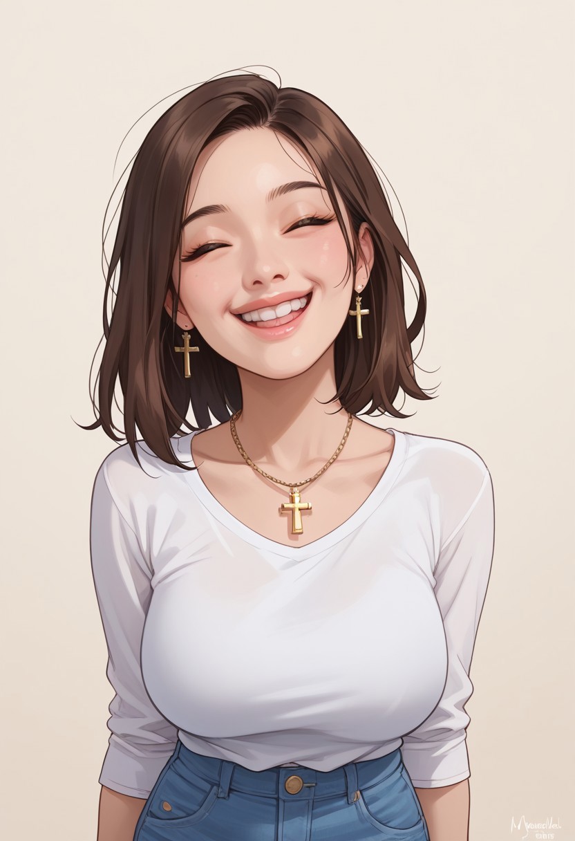 score_9, score_8_up, score_7_up, score_6_up, 1girl, medium hair, brown hair, petite, asian female, asian eyes, Japanese girl, very cute, 35 years old, milf, cute, gold cross necklace, white shirt, blue jeans, slim thighs, perfect face, huge breasts, happy, sweet, eyes closed, closed smile