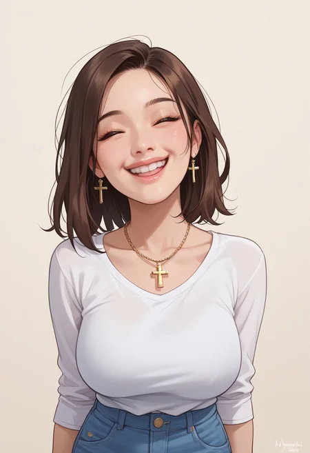 score_9, score_8_up, score_7_up, score_6_up, 1girl, medium hair, brown hair, petite, asian female, asian eyes, Japanese girl, very cute, 35 years old, milf, cute, gold cross necklace, white shirt, blue jeans, slim thighs, perfect face, huge breasts, happy, sweet, eyes closed, closed smile