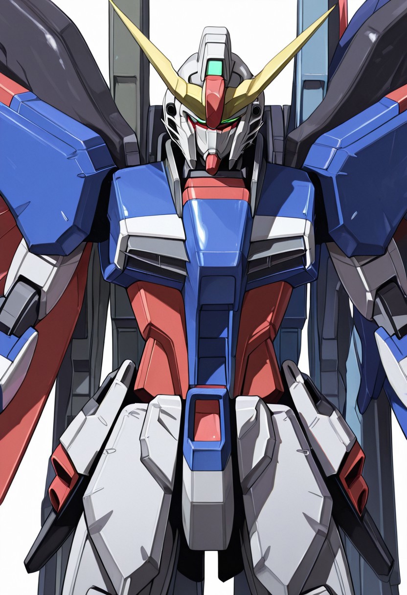 detailed face, score_9, score_8_up, score_7_up, score_6_up, score_5_up, score_4_up, 4k quality, detailed, solo, 1boy, (destiny gundam, mecha, robot), (no humans:1.1), best quality, masterpiece, simple background
