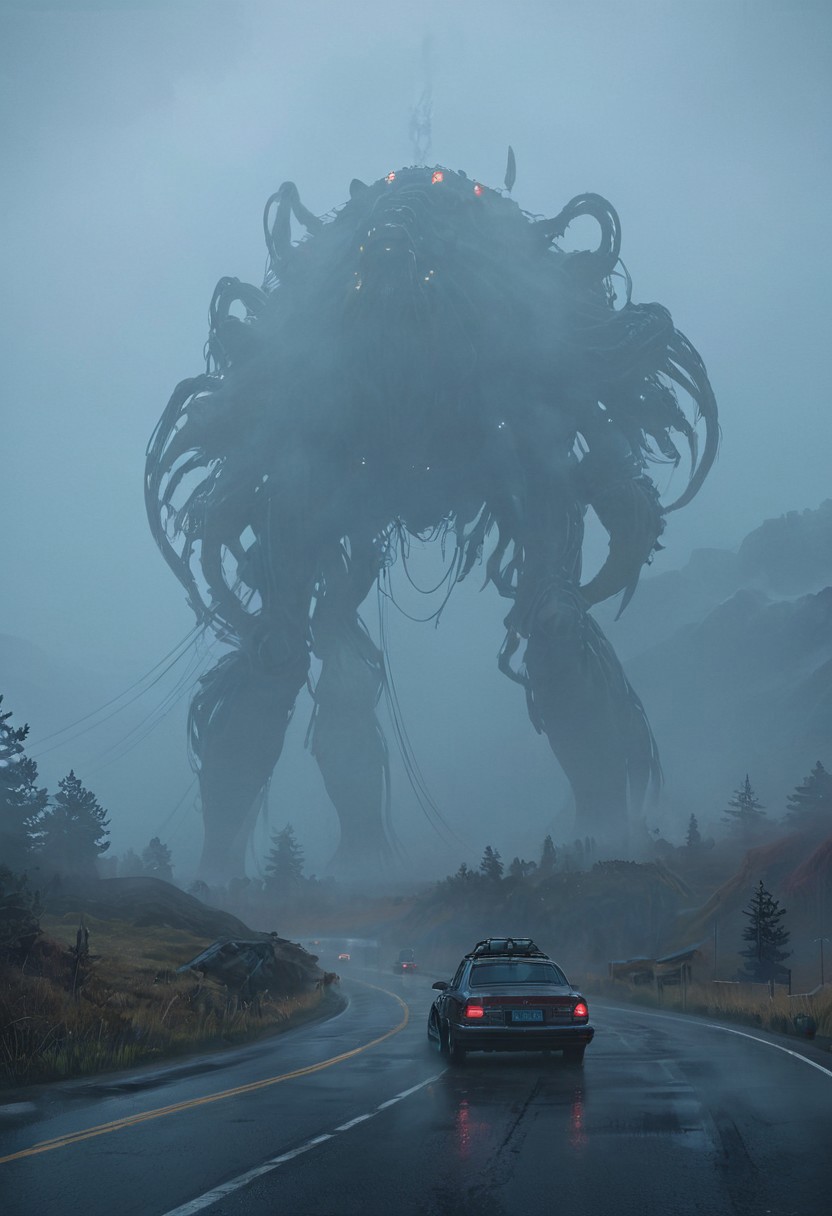 by Peter gric, H.R Giger, by Florent Desailly, ((the electric state by Simon Stalenhag)),
horror, post-apocalyptic, futuristic, (HD, photorealistic, dramatic lighting, intricate details, biomechanical patterns, powerful, cinematic, masterpiece),
disturbing road trip, deep fog, light rain, overcast sky, mysterious creatures in the fog, large behemoth monsters in the fog, car driving through a post-apocalyptic mountain road