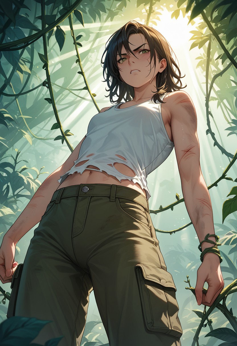 masterpiece, best quality, high quality, high details, source_anime, score_9, score_8_up, score_7_up, extremely detailed,
tough female explorer moving through dense jungle, athletic build, messy shoulder-length hair, determined expression, outfit slightly torn, scratches on arms and legs, dirt on skin and clothes, tight-fitting tank top and cargo pants, vibrant green foliage around, vines and leaves brushing past her, dramatic lighting with sun rays piercing through canopy, cinematic angle from below, anime style, mid-thigh shot