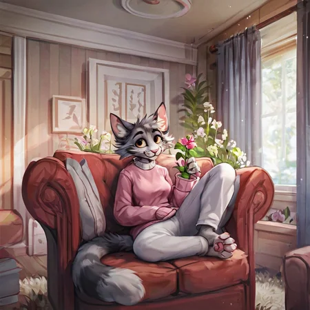 source_furry, furry female grey cat, wearing pink sweater, white pants, holding a Boquete of flower, lounging on a red sofa, living room, windows, curtains, fuzzy carpet, pink paws, tail,   <lora:Test 1  epoch5:0.8> , solo,, score_9, score_8_up, score_7_up,