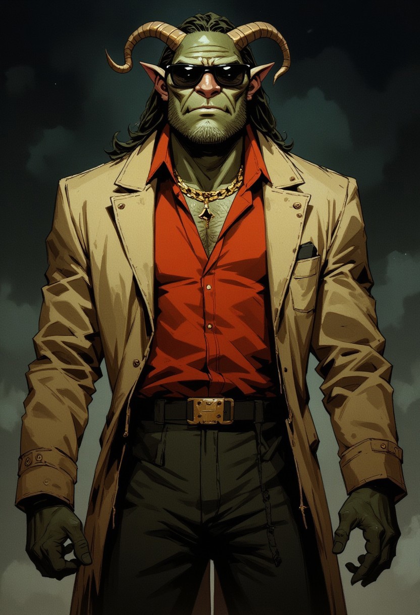 fashion portrait of an orc, against a dim, dark background. he has two long curved horns growing naturally from his forehead. his smug attitude and slight smile, reveals two large sharp canines. black wayfarer sunglasses enhance his edgy style. his beige suit jacket and red button up shirt, cling tight to his muscular body, revealing chest hair and a gold chain. his green skin is textured and detailed. the mood overall is confident and sophisticated. the highly detailed image is realistic and meticulously textured. the atmospheric lighting create a stark contrast, casting deep shadows and minimal highlights.