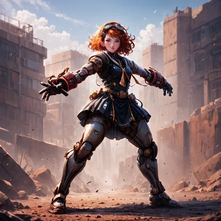 Girl fighting a giant Cowboy robot. BREAK Photo of a redhead woman with perm wavy hair and bang, wearing nun dress, red wristbands. Fighting a Robot cowboy. In a desert-like town. In the background:steampunk giant bronze gas mask headed large legged robot. lace robot head inside of a steampunk 1880 town. large detailed torso. dark image. one twenty foot tall steampunk robot with great arms and two heavy legs on flat feet.$ foggy night background