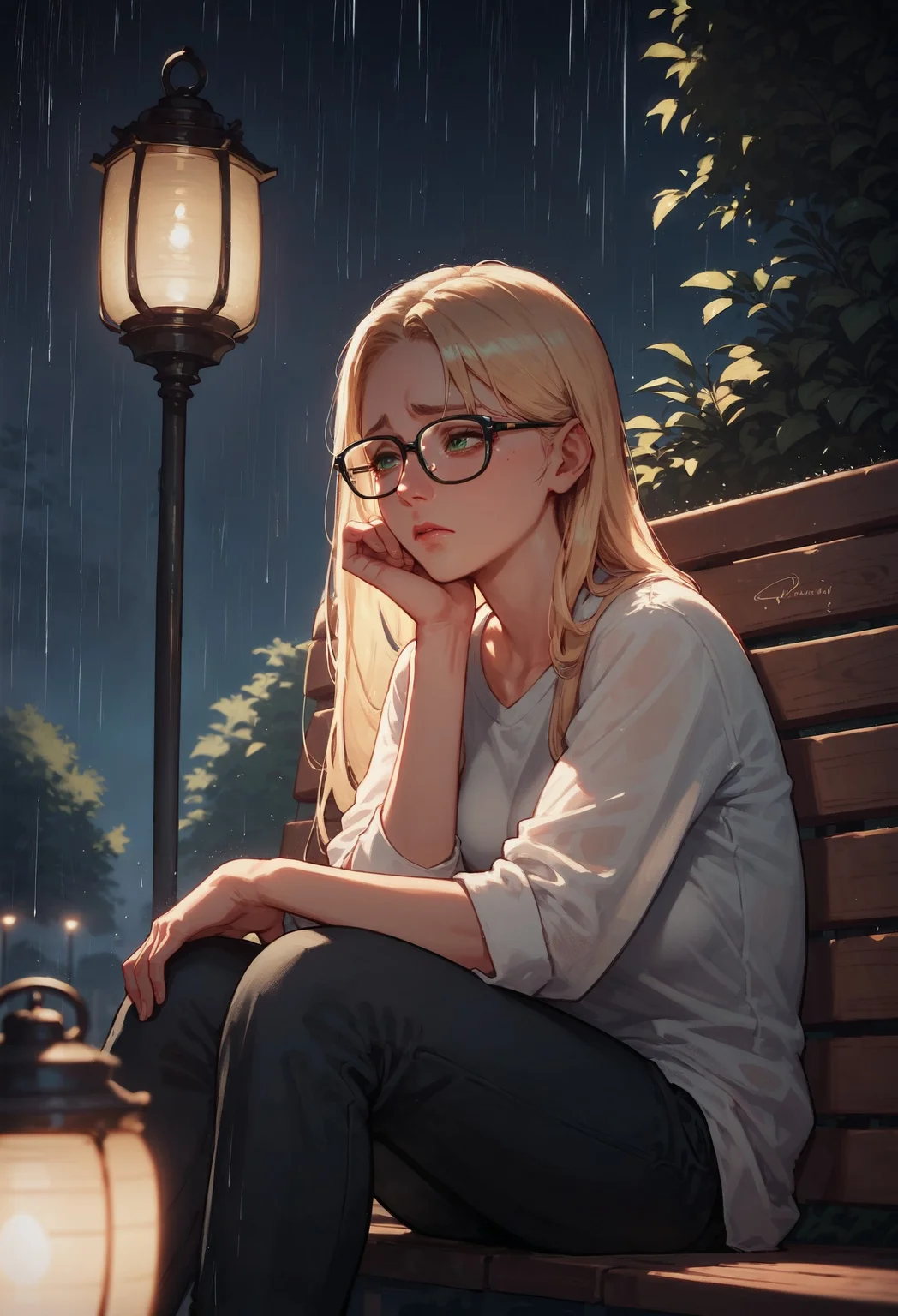 score_9, score_8_up, score_7_up, 1girl, sitting on a bench in a park at night, dusk, lantern light, sad, raining, head resting on hands, blonde hair, long hair, nerdy glasses <lora:sdxl\Smooth Anime Style LoRA XL:0.8> <lora:sdxl\Expressive_H-000001:0.3>, expressiveH <lora:sdxl\sinfully_stylish_SDXL>