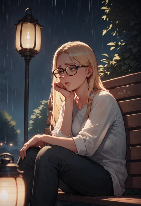 score_9, score_8_up, score_7_up, 1girl, sitting on a bench in a park at night, dusk, lantern light, sad, raining, head resting on hands, blonde hair, long hair, nerdy glasses <lora:sdxl\Smooth Anime Style LoRA XL:0.8> <lora:sdxl\Expressive_H-000001:0.3>, expressiveH <lora:sdxl\sinfully_stylish_SDXL>