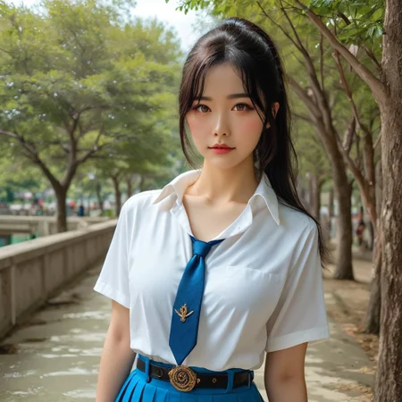 a stunning real medium breasts Korean woman with long, flowing dark hair, her piercing gaze directly addressing the viewer. score_9, score_8_up, score_7_up, 4k, high quality, (best quality:1.1), realistic, photorealistic, close-up, upper body, (ultra HD quality details), High Fashion, A highly detailed, realistic digital photo of a Korean woman 28yo with a pale complexion, emphasizing her enigmatic and mystical aura,, high resolution, rich textures, and contemplative mood. Her eyes are a deep piercing and brown, dynamic, dramatic, haute couture, elegant, ornate clothing, dark straight hair with a few loose strands framing her face, against a cyan gradient background, Realistic photograph, Movie light, film grain, necktie, skirt, ponytail, school uniform, shirt, looking at viewer, outdoors, white shirt, blue skirt, tree, cosplay, belt,