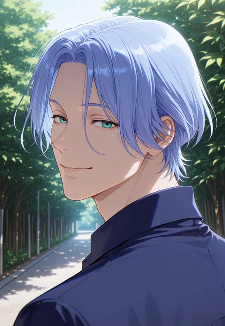 detailed details, shaded, detailed shading, detailed skin, shaded skin, realistic shading, countershading:1.1, outdoors, 1boy, solo, Hasegawa Langa, aqua eyes, blue hair, smile, happy, looking back, closed eyes, looking at viewer