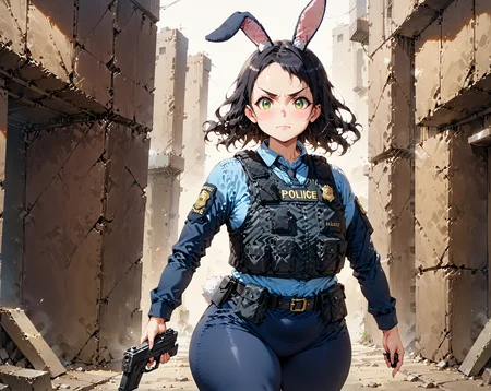 score_9, score_8_up, score_7_up, score_6_up, source_anime, ah1, 1girl, (curly hair), long hair, (black hair), mature female, (parted hair:1.7), (round face), (no_bangs), (no_fringe:1.6), looking at viewer, (thick eyebrows:1.3), (curvy), round-chin, (greenish hazel eyes), caucasian, (downturned eyes), (forehead:1.4), <lora:ETO_OCPonyXL:0.5> eto_oc, skindentation, plump, thick thighs, wide hips, busty, voluptuous, kinky curls, lips, bad-hands-5, (in Mechanical Glacier), ((Guilt expression)), <lora:venus body PonyXL:0.8>, <lora:xl_more_art-full_v1:0.4>, <lora:shinyskin2:0.3> glistening skin, <lora:aesthetic_anime_v1s:0.4>, <lora:Expressive_H:0.4> Expressiveh, <lora:hairdetailpxl:0.4> hairdetailpxl, <lora:EpicF4nta5yXL:0.4>, <lora:detailxl:0.4> detailxl, <lora:Fant5yP0ny:0.4>, best quality, amazing quality, best aesthetic, absurdres, <lora:expressive eyes:0.4> expressive eyes, (Ground level (from behind) view medium Close shot (focus on chest)), <lora:eyedetailpxl:0.4> eyedetailpxl, <lora:A004-judy-v30:0.8> 1gjudy, police uniform, bulletproof vest, blue leggings, ((rabbit ears, rabbit tail)), <lora:YusufDikecGunPose_pdxl_Incrs_v1:0.8> holding weapon, holding gun, handgun, hand in pocket, aiming, full body