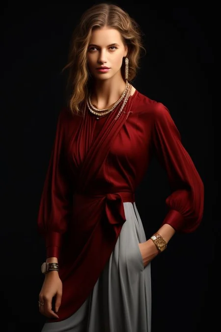 masterpiece,best quality,ultra_detailed, bellissima , studio light, 1girl wearing skirt suit, chain necklace, wristwatch, Armani style, hand on hip, realistic, fashion, cowboy shot, by annie leibovitz