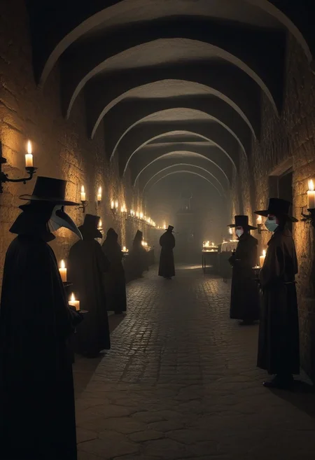 castle,
A dark and eerie castle dungeon used as an infirmary, with candle-lit beds and physicians in plague doctor masks tending to the sick