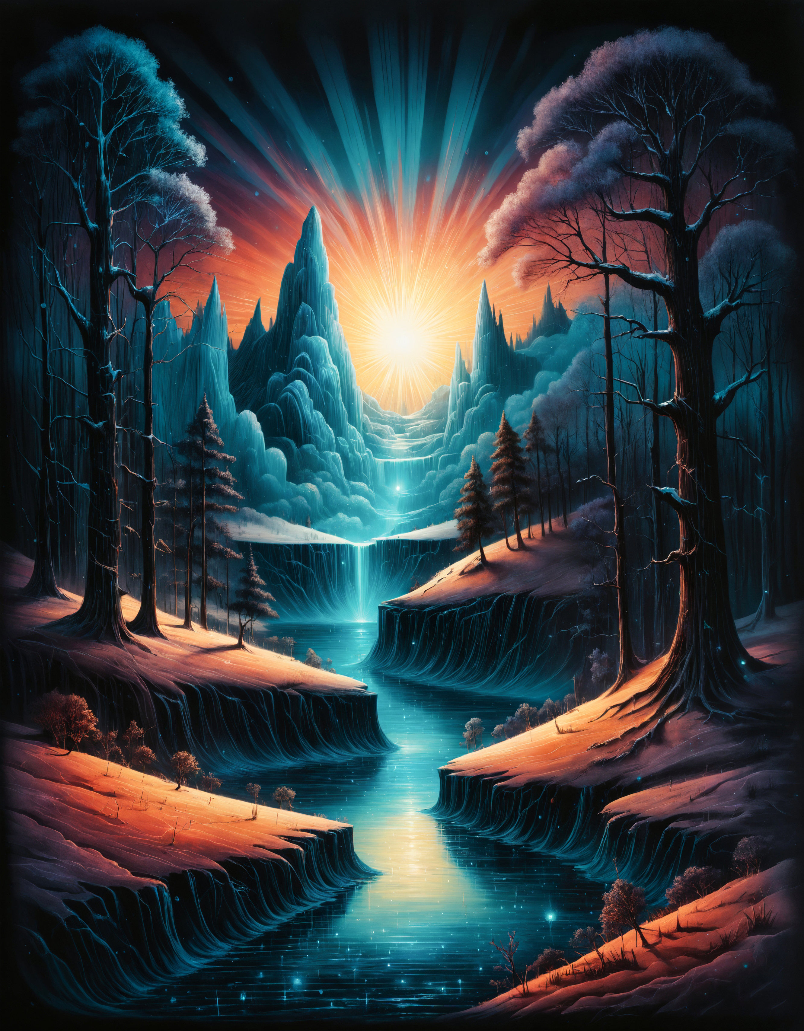 winter, ink painting, acrylic, sunrise, by Craola, Dan Mumford, Andy Kehoe, 2d, flat, cute, adorable, vintage, art, fairytale, storybook detailed illustration, cinematic, beautiful details, mystical, luminism, vibrant colors, complex background, stunning, energy, molecular, iridescent and luminescent, breathtaking beauty, pure perfection, divine presence, unforgettable, impressive, breathtaking beauty, volumetric light, auras, rays, vivid colors reflects, magnificent, celestial, ethereal, epic, magical, dreamy, chiaroscuro, atmospheric lighting, 