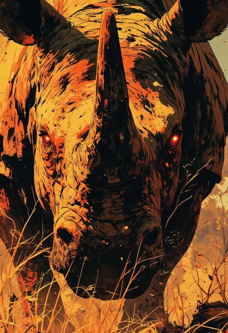 (**highly detailed, hyper realistic**) An extreme close-up of a massive rhinoceros with piercing crimson-red glowing eyes, the sole focal point. The beast's gaze dominates the frame, partially obscured by two strands of tall, dry grass. Thick, battle-worn hide covered in deep creases and scars, showcasing years of survival. An enormous, curved horn, weathered and cracked, with fragmented light accentuating its rugged texture. A powerful, unmoving stance exuding primal dominance. Dust clinging to its skin, subtly illuminated by golden light filtering through the savanna’s tangled vegetation. Shifting shadows from sparse trees creating spectral highlights flickering along its massive brow. An interplay of light and shadow amplifying its raw presence, evoking a relic of an untamed past—watching, unyielding, ancient.
