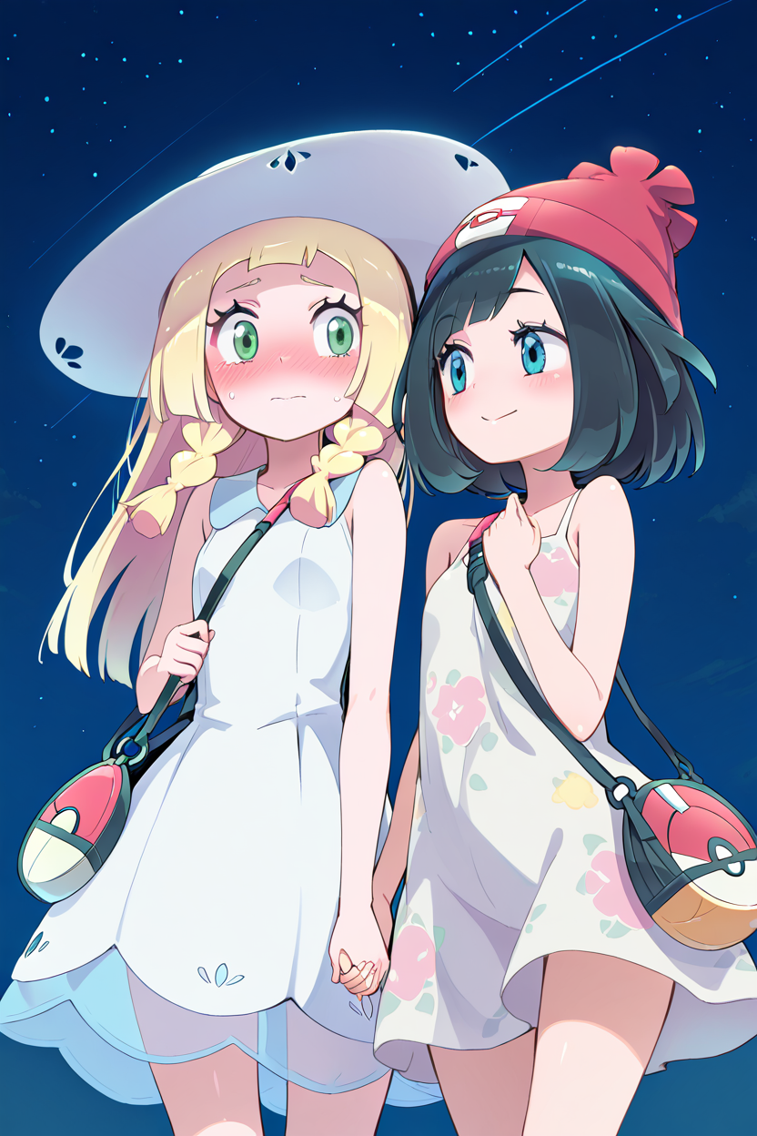 masterpiece, best quality, 1girl, solo, eyelashes, (beautiful eyes),    ,<lora:HomuraSubaruIXL_v1:1.0>,    2girls, bag, black hair, blonde hair, dress, flustered, green eyes, hat, holding hands, lillie (pokemon), long hair, multiple girls, night, night sky, nintendo, pokemon, pokemon sm, selene (pokemon), short hair, sky, smile, sun hat, sundress <lora:LilliePokemonIXL:0.7>, <lora:SeleneIXL:0.7>
