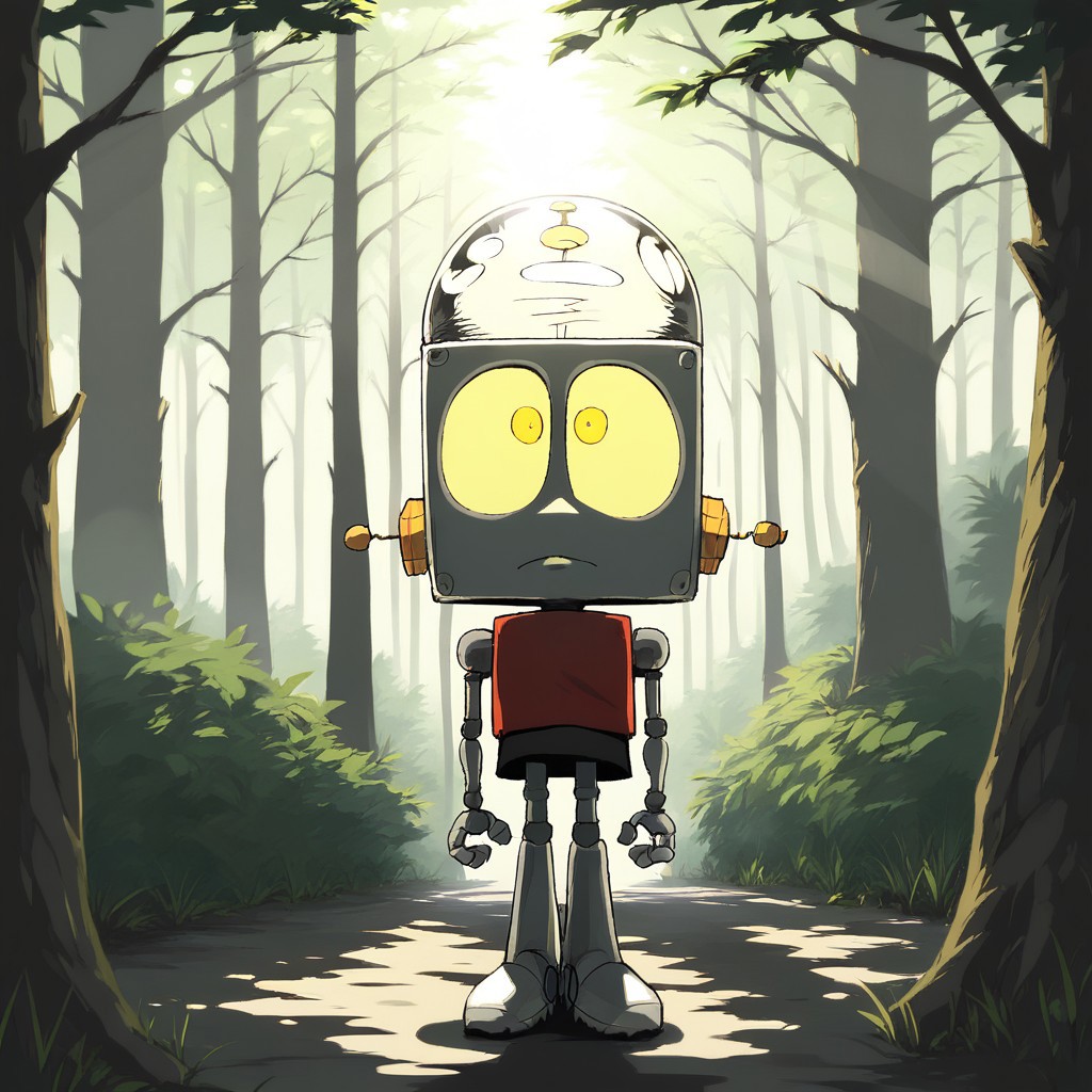 score_9, score_8, score_7, break, solo, robot_whtrj, robot, yellow eyes, forest, trees, sunlight, shadow, natural lighting