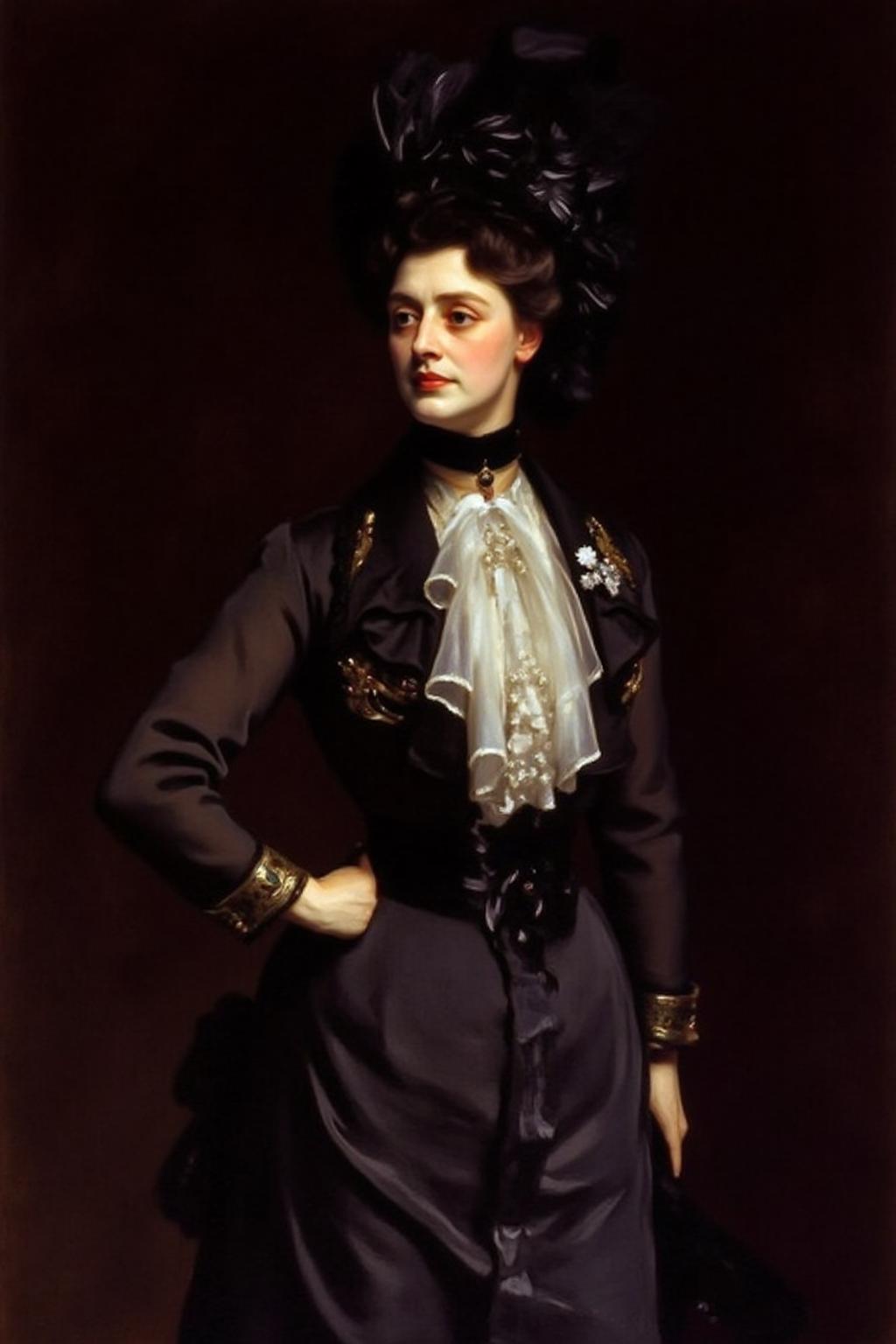 johnss1 painting.
a painting of a woman in a black and white dress, adorned with a large black hat on her head. The woman's face is adorned with dark brown eyes, a white scarf, and a black scarf around her neck, adding a touch of contrast to her outfit. The background is a dark brown, creating a stark contrast to the woman's outfit.
 <lora:johnss2_cap_d6a3:1.0><lora:829183929727702374:0>