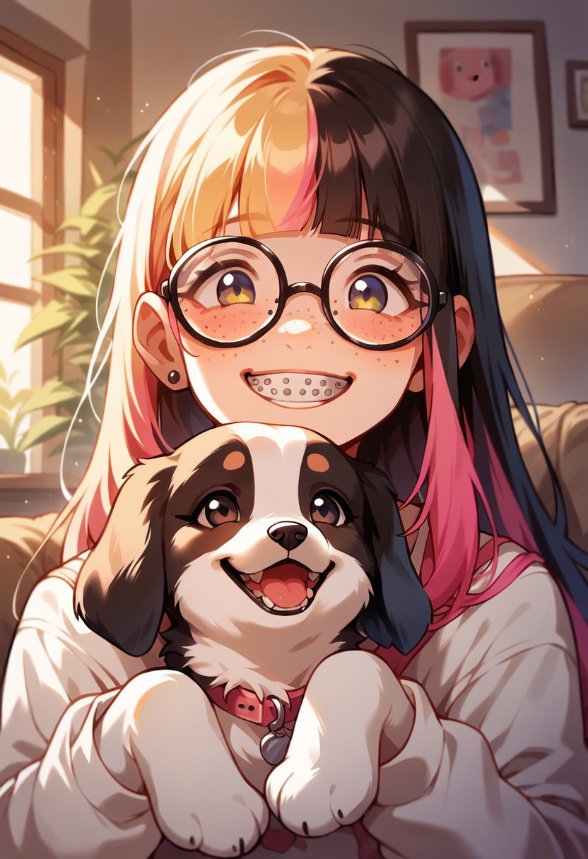 score_9, score_8_up, score_7_up, score_6_up,  <lora:p3tl0v3XLP:1> p3tl0v3, 1girl, 22yo, multicolored pastel hair, hime cut, thick glasses, freckles, braces, cute smile, pet beagle, kawaii, cute, living room