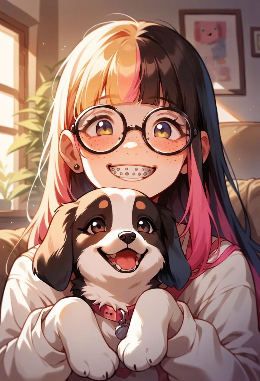 score_9, score_8_up, score_7_up, score_6_up,  <lora:p3tl0v3XLP:1> p3tl0v3, 1girl, 22yo, multicolored pastel hair, hime cut, thick glasses, freckles, braces, cute smile, pet beagle, kawaii, cute, living room