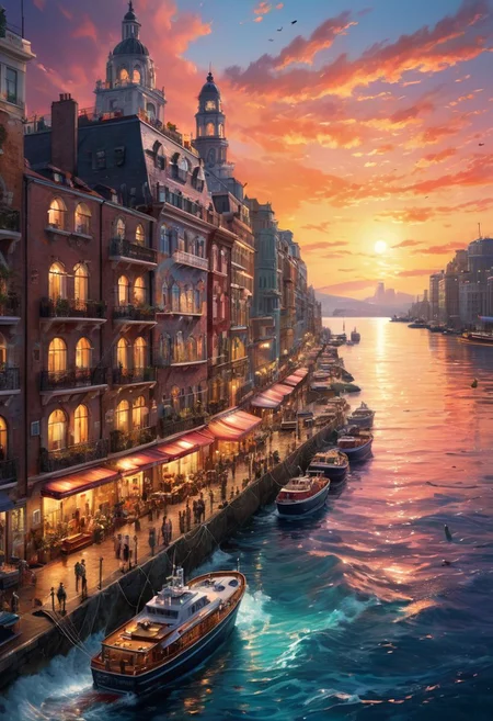 Ultra-realistic style, masterpiece quality, hyper-detailed. The city is situated on the sea, surrounded by a circular shape of water, creating a picturesque setting. Its overall appearance resembles a multi-layered cake, with each tier rising above the other. At the highest point of the city, water flows downward into the sea, creating a dynamic and captivating sight. The surface of the sea is dotted with anchored ships, adding to the maritime charm of the city. (sunset, gorgeous sky:1.2),
FastNegativeV2, Gorgeous splash of vibrant paint, extremely detailed