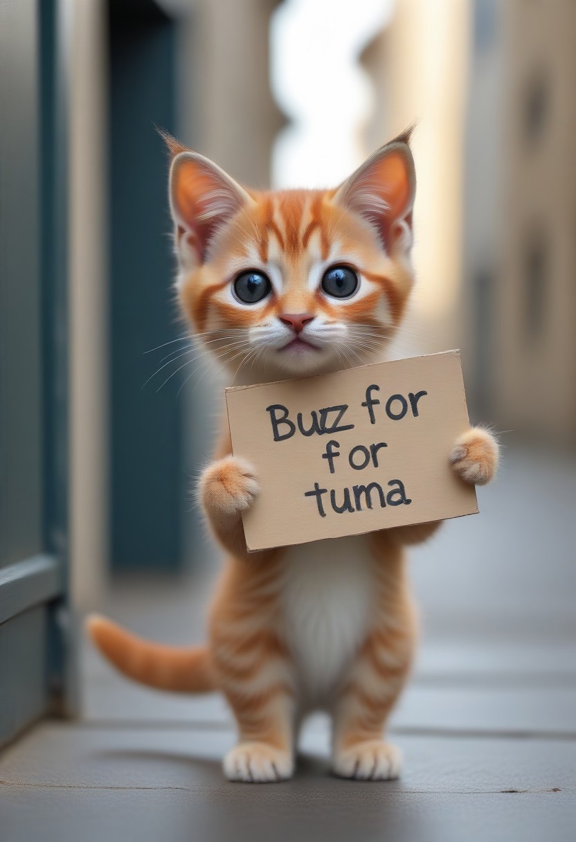 A kitten holding a sign with text "buzz for tuna" <lora:buzz-text:1>