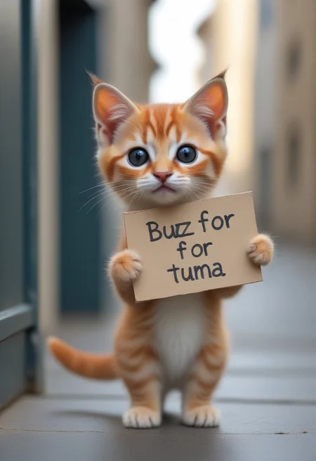 A kitten holding a sign with text "buzz for tuna" <lora:buzz-text:1>