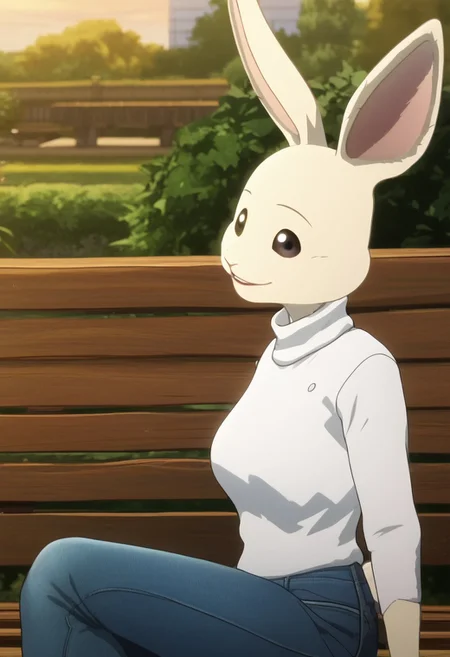 score_9_up, score_8_up, score_7_up, masterpiece, best quality, amazing quality, very aesthetic, absurdres, newest, high quality, detailed, solo female, Haru, 1girl, mature female, female, anthro, white rabbit, animal ears, black eyes, light cream-colored fur, light orange turtleneck, blue jeans, brown sitting on park bench, looking at viewer, smiling, outdoors, park, side view, screencap, volumetric lighting, close up