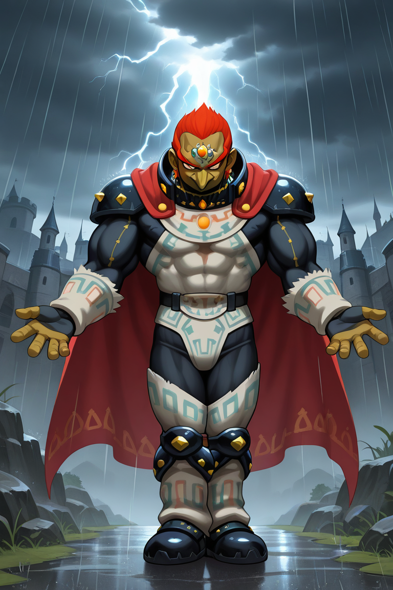 frieezastance, outstretched arms, open hands, legs together, 1boy, solo, gdrf, dark-skinned male, pointy nose, long nose, short hair, red hair, thick eyebrows, sideburns, red eyes, mature male, forehead jewel, red cape, earrings, black armor, shoulder armor, collared shrug, brown tunic, belt, fingerless gloves, muscular male, outdoors, castle, cloudy, rain, storm, thunder, evil smile, smirk, full body,