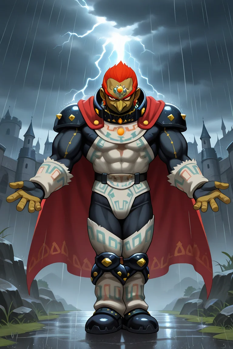 frieezastance, outstretched arms, open hands, legs together, 1boy, solo, gdrf, dark-skinned male, pointy nose, long nose, short hair, red hair, thick eyebrows, sideburns, red eyes, mature male, forehead jewel, red cape, earrings, black armor, shoulder armor, collared shrug, brown tunic, belt, fingerless gloves, muscular male, outdoors, castle, cloudy, rain, storm, thunder, evil smile, smirk, full body,