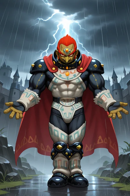 frieezastance, outstretched arms, open hands, legs together, 1boy, solo, gdrf, dark-skinned male, pointy nose, long nose, short hair, red hair, thick eyebrows, sideburns, red eyes, mature male, forehead jewel, red cape, earrings, black armor, shoulder armor, collared shrug, brown tunic, belt, fingerless gloves, muscular male, outdoors, castle, cloudy, rain, storm, thunder, evil smile, smirk, full body,