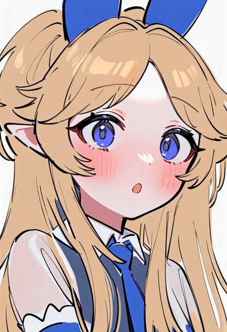 girl,  yuki \(asayuki101\),  rating: sensitive, masterpiece, best quality, newest, playboy bunny, :o, blue eyes, blonde hair, detached sleeves, long hair, necktie, open mouth, portrait, simple background, solo, twintails, white background